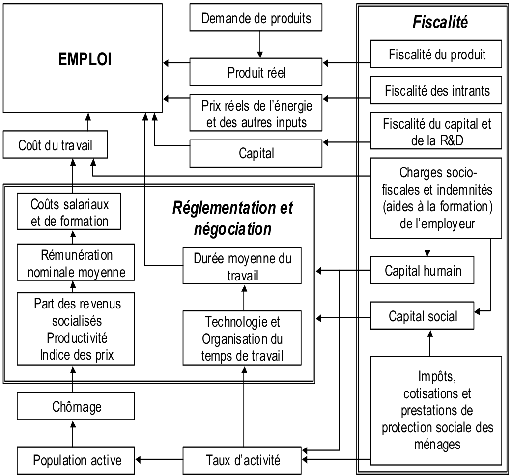 Représentation basique du fonctionnement du marché du travail et canaux de transmission des effets des politiques communautaires sur l’emploi